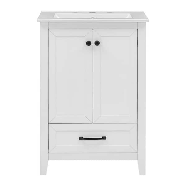 24 in. Single Sink Freestanding White Bath Vanity with White Ceramic Top, Two Doors and One Drawer