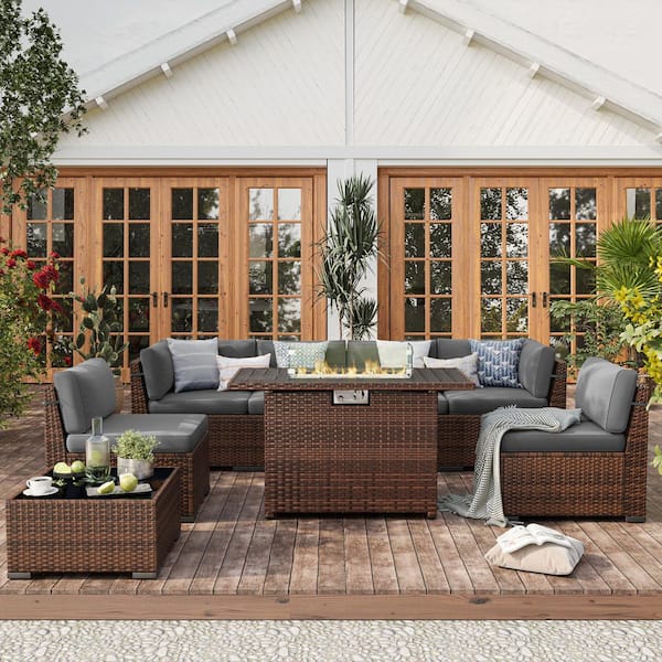 ELPOSUN 8-Piece Brown Rattan Wicker Outdoor Patio Set with Gray Cushions, Fire Pit Table, and Furniture Cover