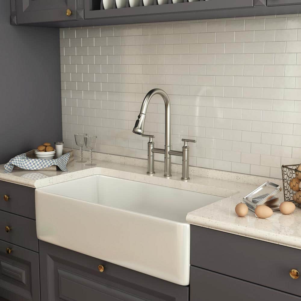 Brushed Nickel Double Handle Bridge Faucet with Pull-Down Sprayer