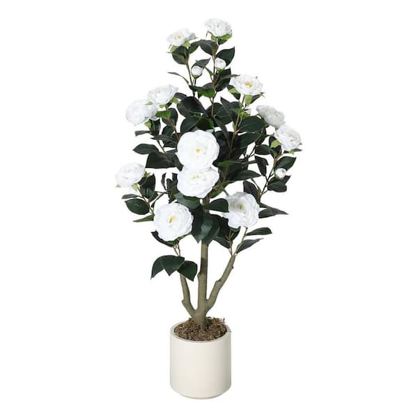 3 ft. Lifelike Artificial Camellia Tree with Realistic Silk Flowers, Perfect Faux Plant Decor, White