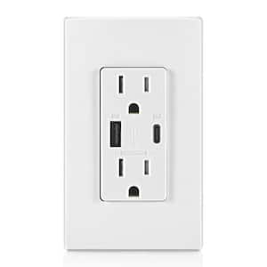 60-Watt White 15 Amp Tamper-Resistant USB Duplex Receptacle USB-A, USB-C with Power Delivery Wall Outlet