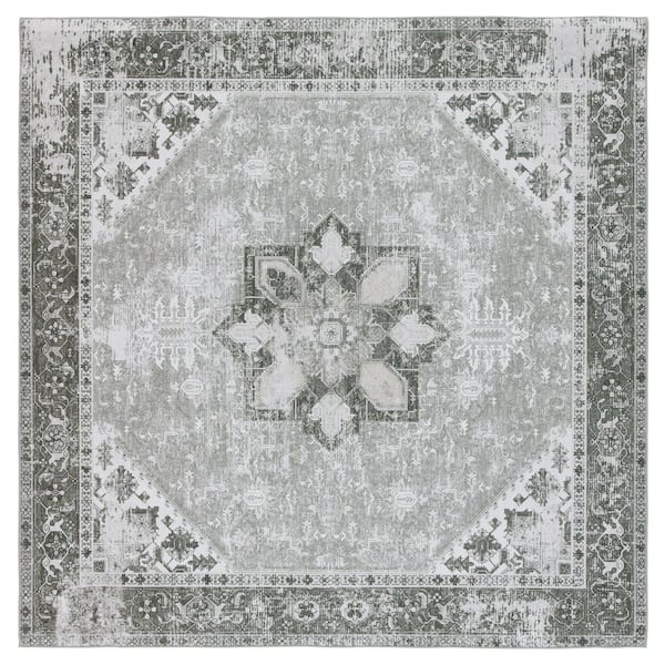 SAFAVIEH Tuscon Dark Sage/Ivory 5 ft. x 5 ft. Machine Washable Border Distressed Square Area Rug
