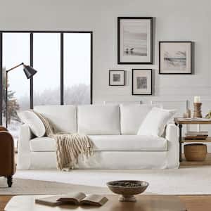 Cedric Modern 85 in. Square Arm Polyester Upholstery Rectangle Slipcovered Sofa in White