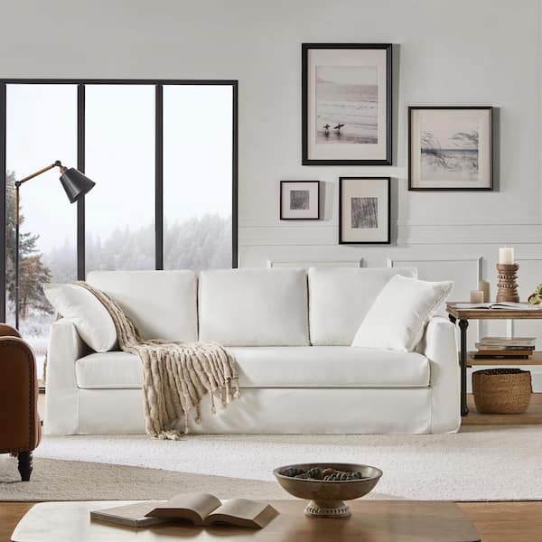 Cedric Modern 85 in. Square Arm Polyester Upholstery Rectangle Slipcovered Sofa in White