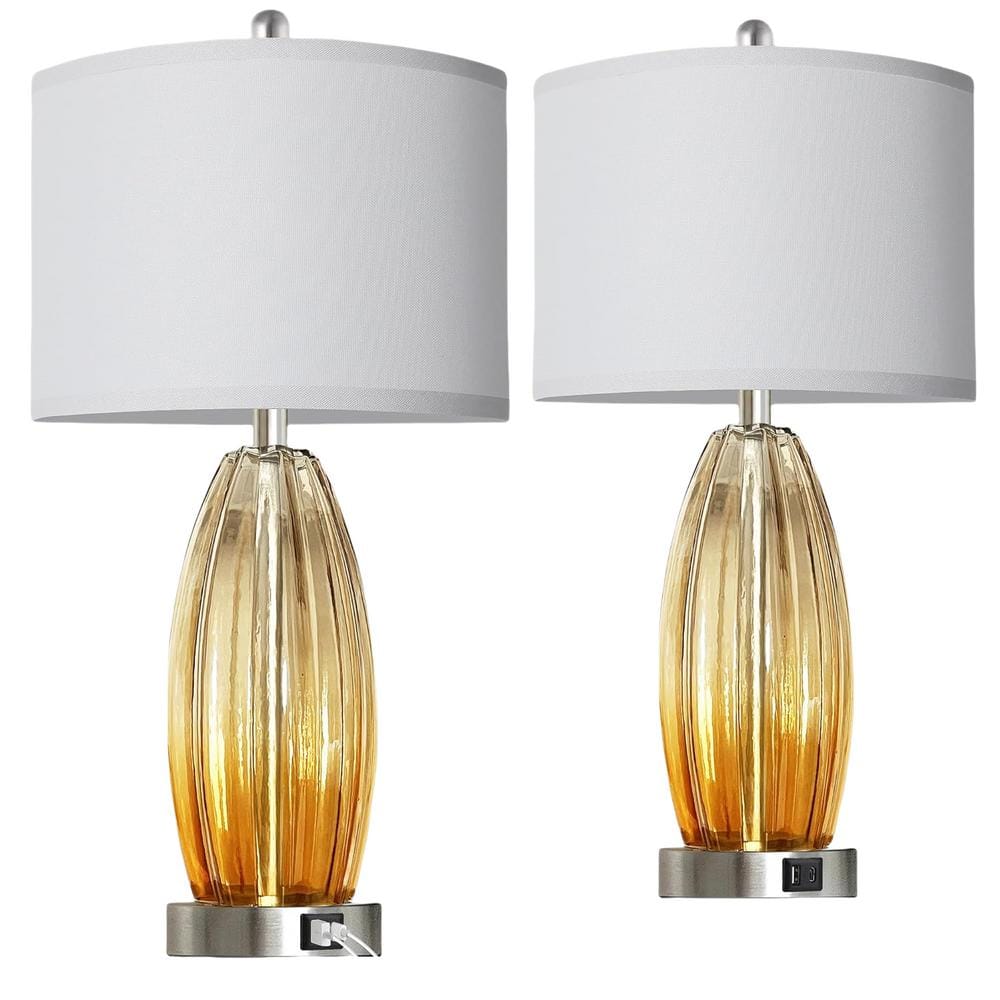 2-Pack 25.5 in. H Champagne Glass Table Lamp with USB C+A Ports Coastal Sty