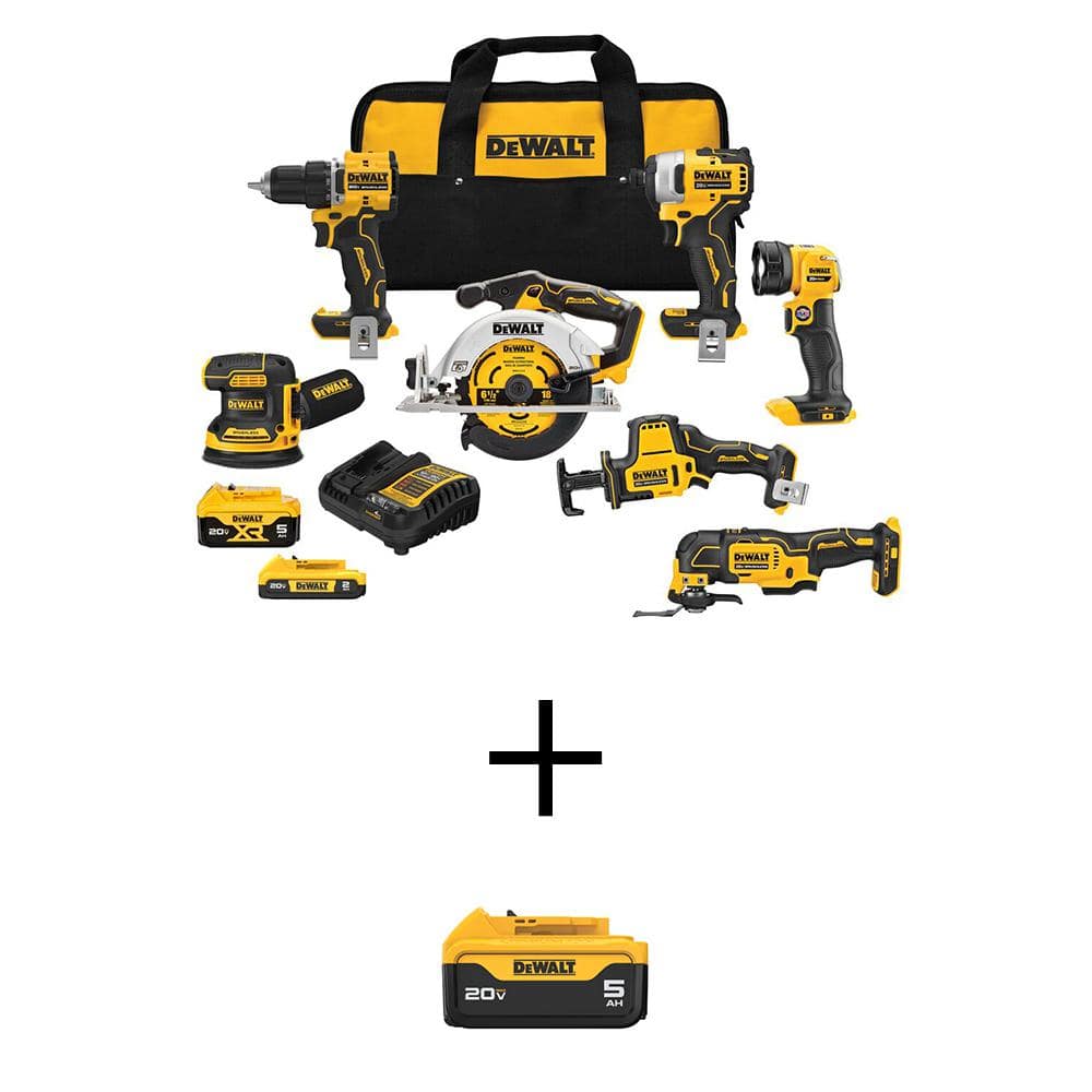 20V MAX Lithium-Ion Cordless 7-Tool Combo Kit with 2.0 Ah Battery, (2) 5.0 Ah Batteries and Charger -  DEWALT, DCK700D1P1WB205