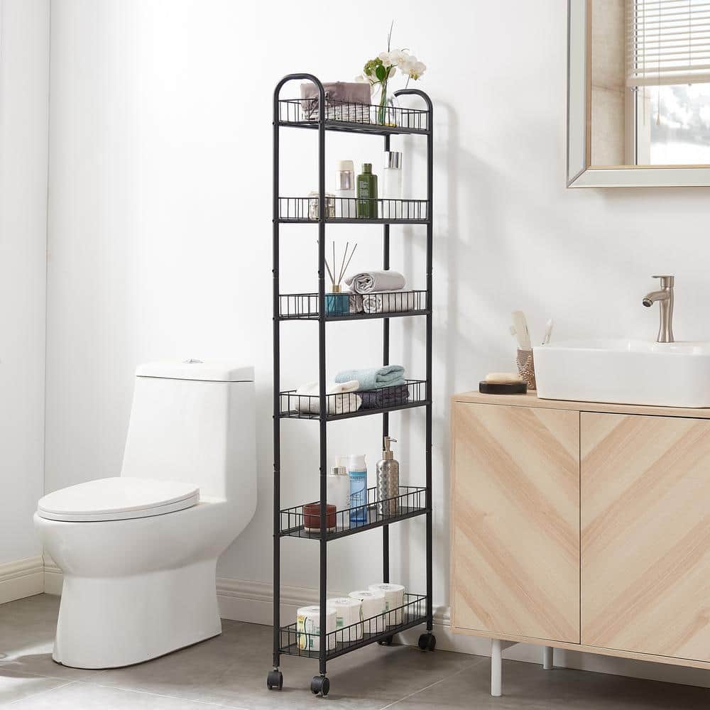 Black Metal 6-Tier Slim Rolling Storage Cart with Wheels