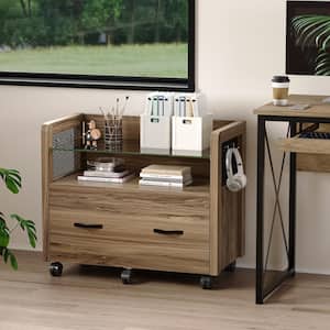 Single Drawer Natural Engineered Wood 29.8 in. Rolling Lateral File Cabinet with Open Shelf and Hooks