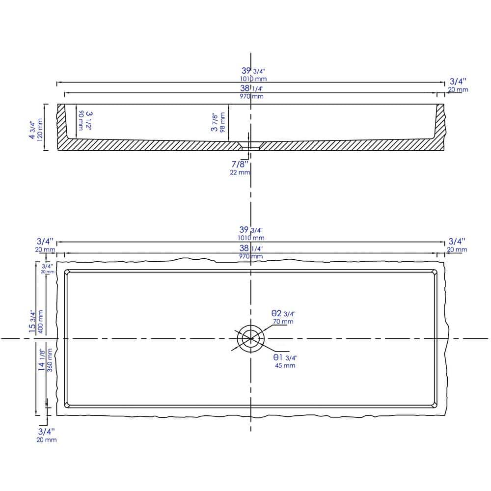 Gray Matte Concrete Rectangular Bathroom Sink, 39.6"