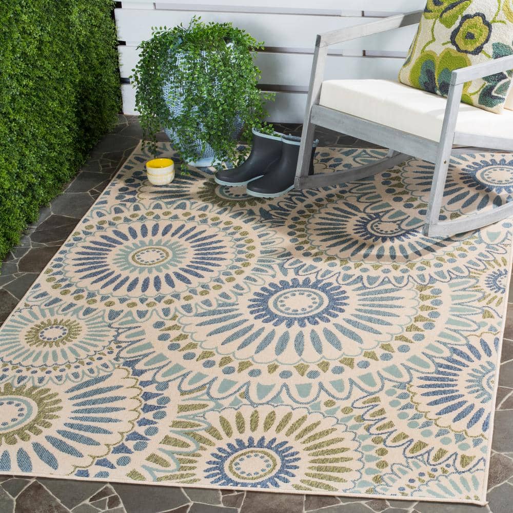 Cream and Green Synthetic Square Indoor/Outdoor Rug 3' x 3'