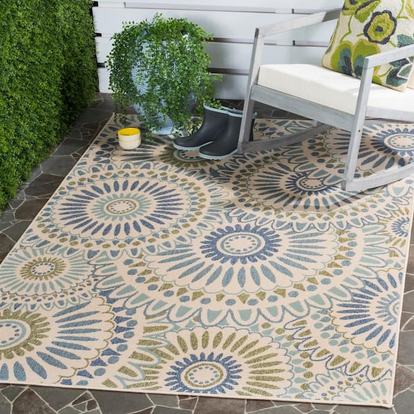Veranda Cream/Green Doormat 3 ft. x 3 ft. Floral Geometric Indoor/Outdoor Patio Square Area Rug