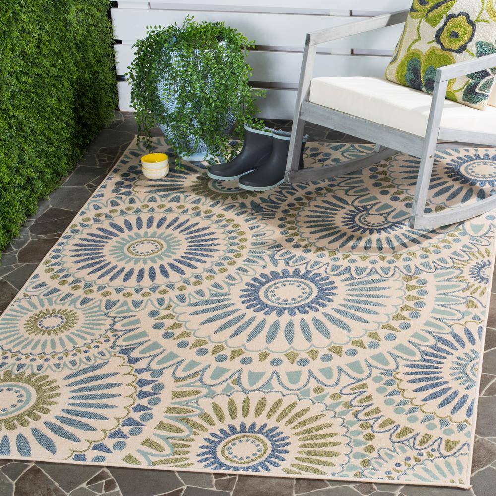 Cream & Green Floral Easy-Care 8' x 11' Synthetic Area Rug
