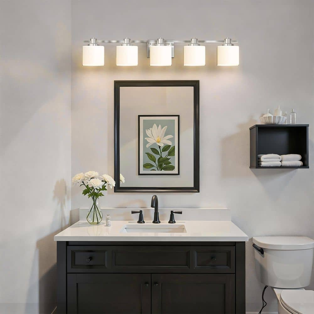 40 in. 5-Light Nickel Modern Square Vanity Light with Straight Arms and Milk White Glass Shades for Bathroom or Bedroom price history on PriceWatchPro