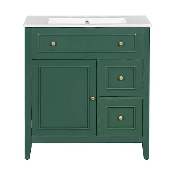 Polibi 30 in. W Single Sink Freestanding Bath Vanity in Green with White Ceramic Top, Door and 2-Drawers