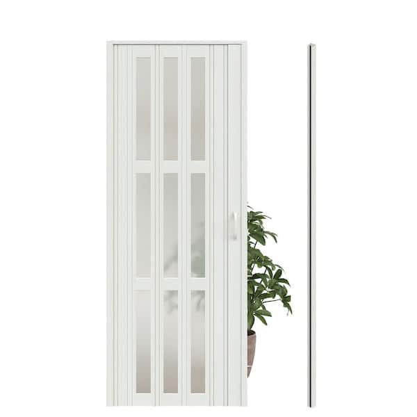 32 in. x 80 in. White Oak Finished 3-Lite Frosted Acrylic and PVC Interior Folding Accordion Door with Hardware Kit