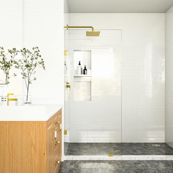 Linea 34 in. W x 78 in. H Frameless Fixed Single Panel Shower Screen Door in Brushed Gold w/ 3/8 in. (10mm) Clear Glass