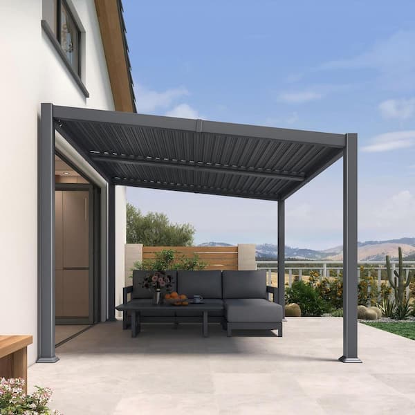 10 ft. x 12 ft. Grey Aluminum Outdoor Sloping Roof Louvered Pergola with Individual Adjustable Sunshade Roofs