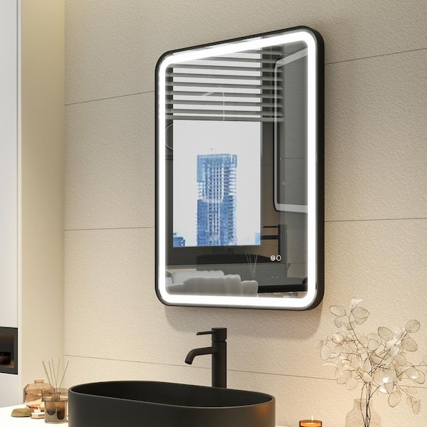WELLFOR BONIE 24 in. W x 32 in. H Rectangular Framed Anti-Fog LED Wall Bathroom Vanity Mirror in Matte Black