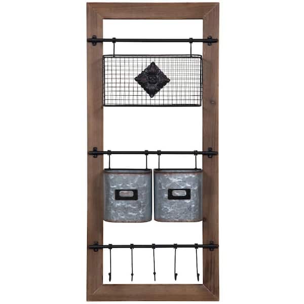 Pinnacle Gallery Solutions 4.7 in. x 35.8 in. 16 in. Brown and Silver Wood Cubby Wall Organizer Decorative Shelf