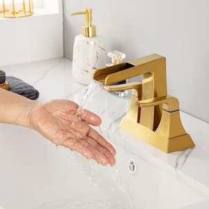 4 in. Centerset 2-Handle Waterfall Bathroom Faucet with Pop-Up Drain and Supply Lines in Brushed Gold