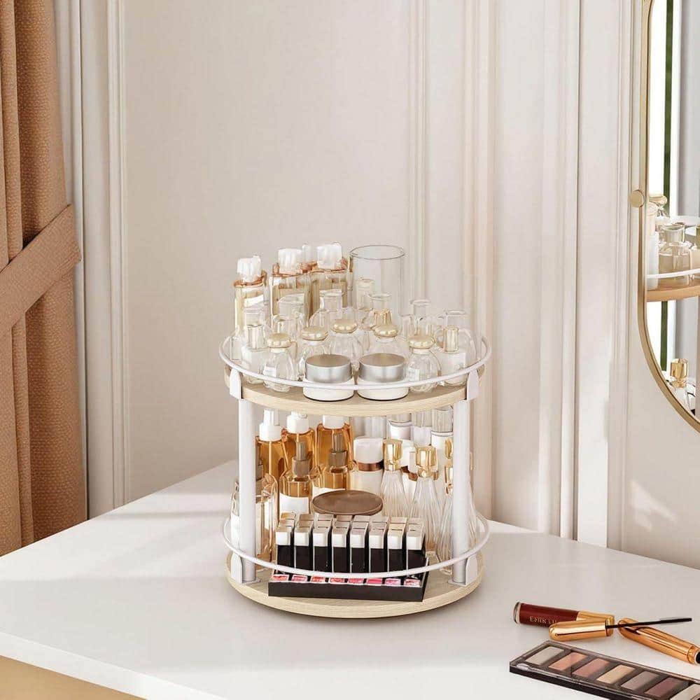 Whatseaso 10.2 in. 2 Tier Wood Rotating Spice Rack in White and Light ...