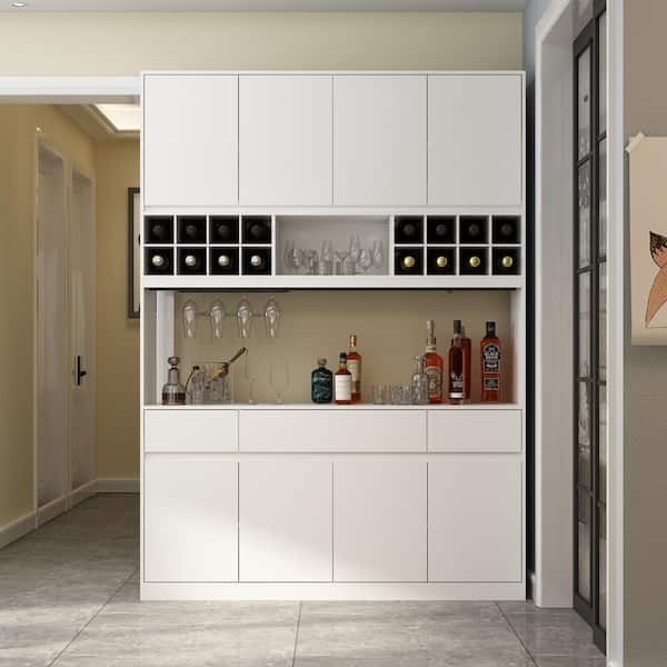 WIAWG 4-in-1 White Wood Wine Cabinet Bar Kitchen Wine Rack With Doors, Drawers, Adjustable Shelves and Wine Storage