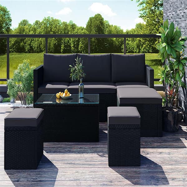 Afoxsos Black 5-Piece Wicker Outdoor Sectional Set with Gray Cushions
