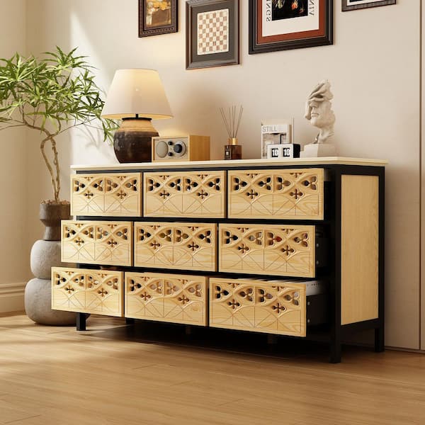Black & Light Oak Wood Finish 9-Drawer 59.1 in. Chest of Drawers with Decorative Carved Pattern, Living Room and Bedroom