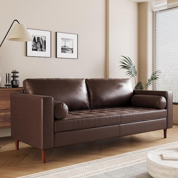 Harper & Bright Designs Modern 82.25 in. Square Arm Faux Leather 3-Seat Rectangle Sofa in. Dark Brown with Tufted Design, 2-Bolster Pillows
