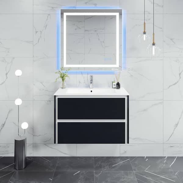 Eviva Luna 32 in. Single Sink Floating Dark Gray Bath Vanity with White Porcelain Top (Assembled)