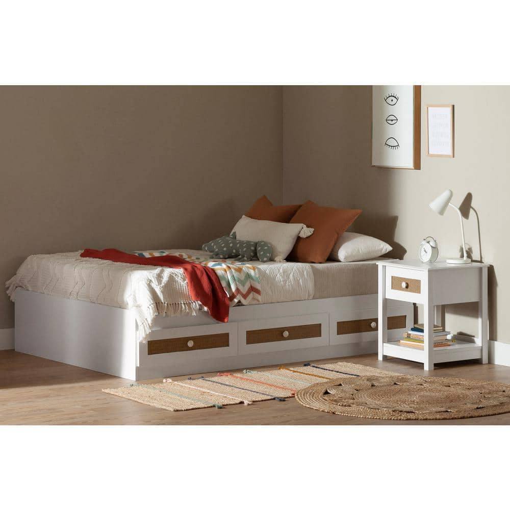 Full White Wood Platform Bed with 3 Storage Drawers