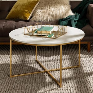 36 in. White/Gold Medium Round Faux Marble Coffee Table with X-Base