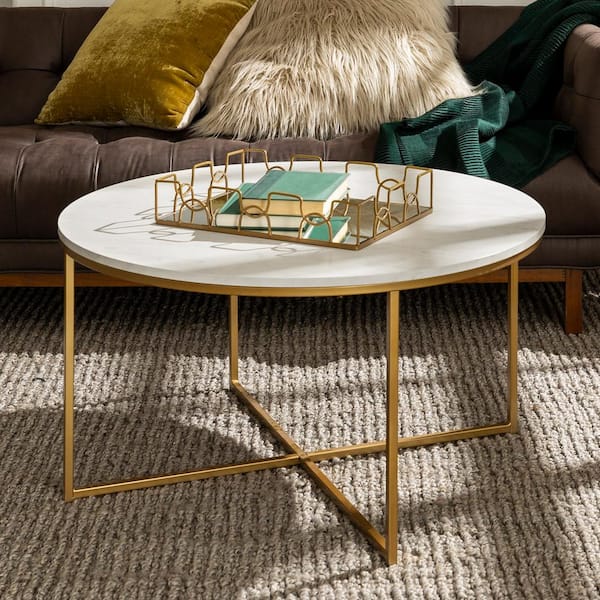 Walker Edison Furniture Company 36 in. White/Gold Medium Round Faux Marble Coffee Table with X-Base