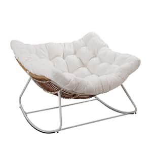 1-Piece Metal White Rattan Rope Club Outdoor Rocking Chair with Teddy White Cushion