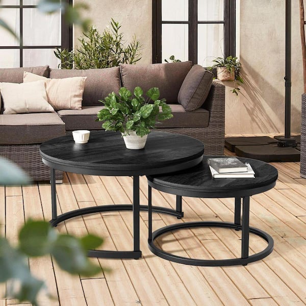 23.6 in. 2-1 Vintage Black Round MDF Top Coffee Table with Steel Frame