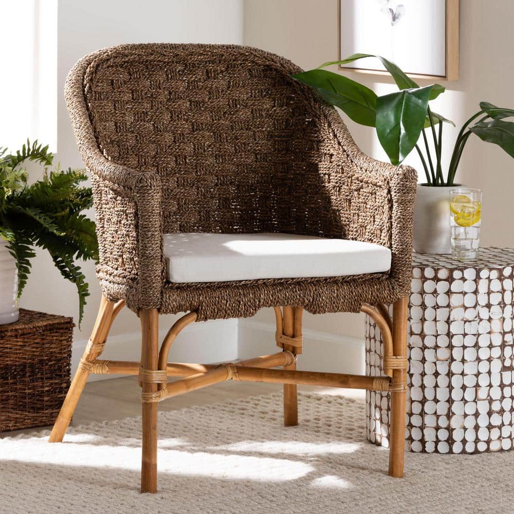 Handcrafted Brown Rattan and Seagrass Accent Chair with Cushion