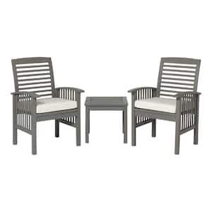 Grey Wash 3-Piece Classic Wood Outdoor Patio Chat Set with Cream Cushions
