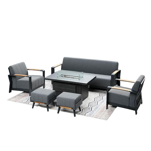 DIRECT WICKER 6-Piece Aluminum Patio Fire Pit Seating Set with Bruce Dark Gray Acrylic Cushions