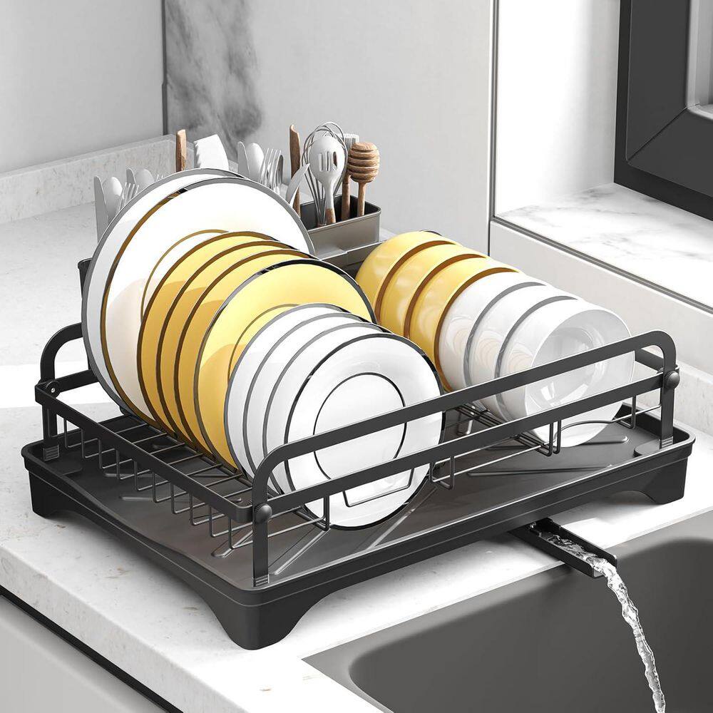 Black Adjustable Drainage Dish Rack with Utensil Holder and Cutlery Tray for Kitchen Countertop price history on PriceWatchPro
