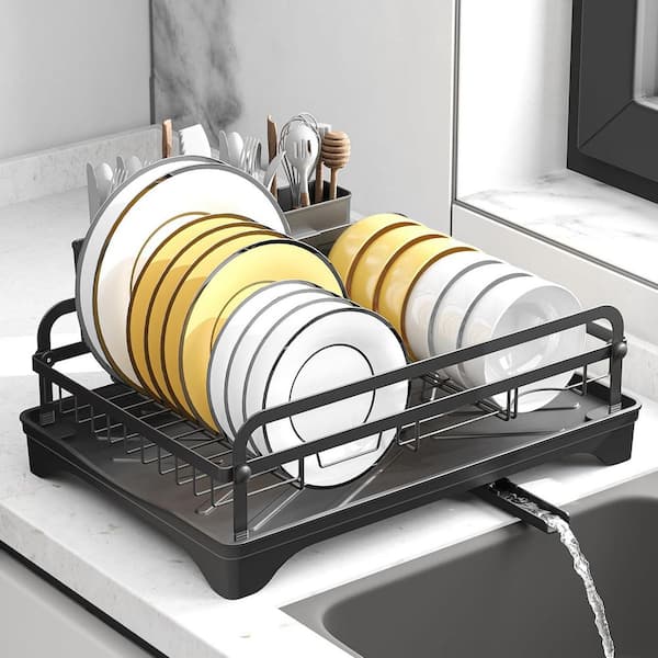 Black Adjustable Drainage Dish Rack with Utensil Holder and Cutlery Tray for Kitchen Countertop
