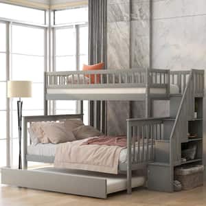 Gray Twin Over Full Kids Bunk Beds with Trundle and Stair, Detachable Wood Bunk Bed with Full-Length Guardrail