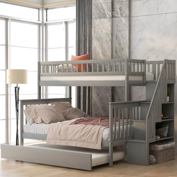 Magic Home Twin over Full Bunk Bed with Trundle and Staircase,Gray