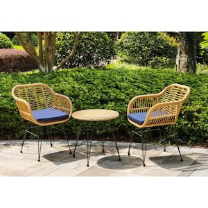 Molly 3-Piece Wicker Outdoor Patio Conversation Seating Set with Removeable Navy Cushions and Side Table