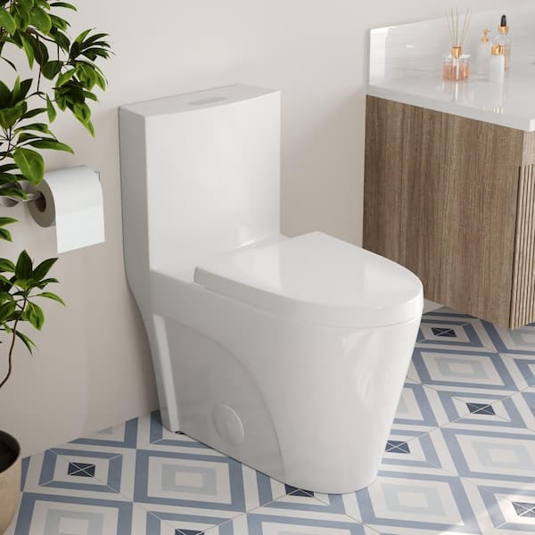 Ace 1-Piece 1/1.28 GPF Dual Flush Elongated ADA Toilet in Glossy White,12 in. Rough In Size, Soft Closed Seat Included