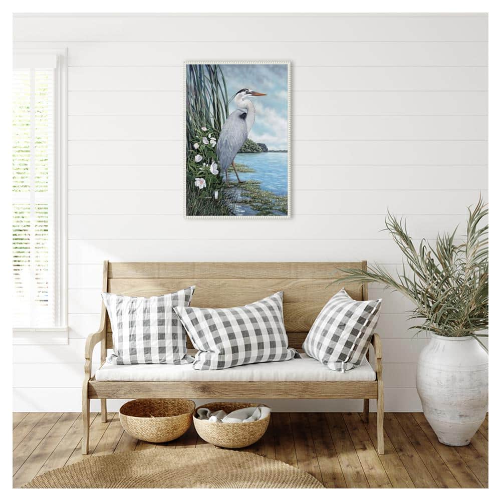 Great Blue Heron Coastal Scene Canvas Art with White Frame