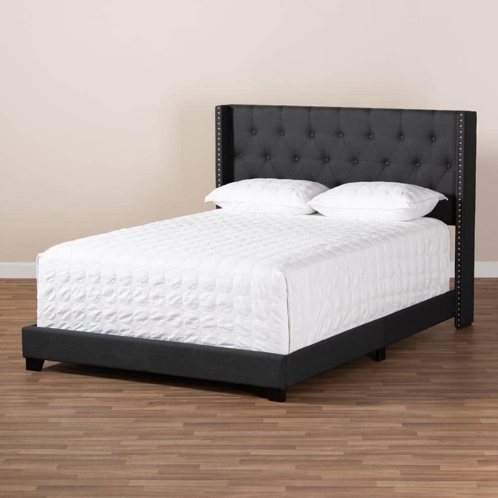 Charcoal Gray Upholstered Queen Bed with Tufted Headboard and Nailhead Trim