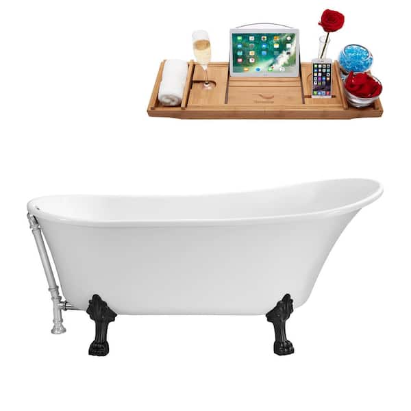 Streamline 63 in. Acrylic Clawfoot Non-Whirlpool Bathtub in Glossy White With Matte Black Clawfeet And Polished Chrome Drain