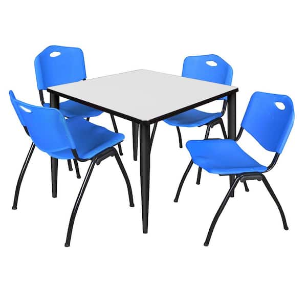 Regency Trueno 42 in. Square White and Black Wood Breakroom Table and 4-Blue 'M' Stack Chairs (Seats-4)