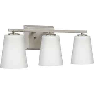 Vertex Collection 20.87 in. 3-Light Brushed Nickel Etched White Glass Contemporary Vanity Light