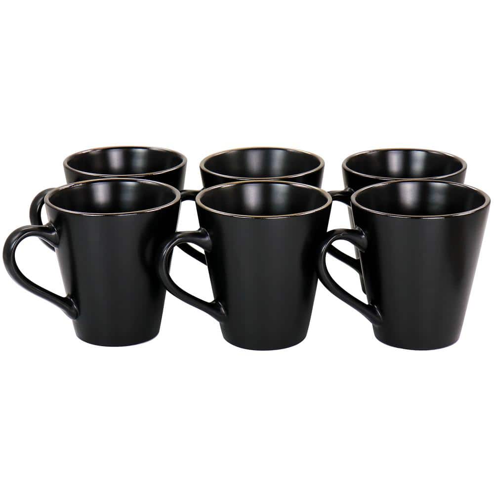 Matte Black Ceramic Mugs with Gold Trim, Set of 6